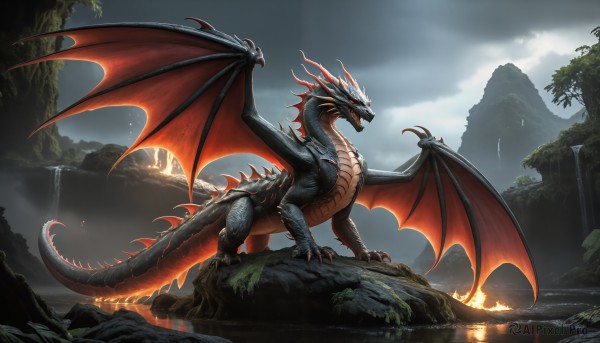 The majestic beauty of a monster set within a dynamic fiery outdoors