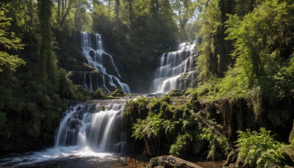 outdoors,day,water,tree,no humans,sunlight,nature,scenery,forest,light rays,sunbeam,river,waterfall,landscape,moss,leaf,plant,branch