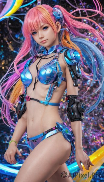 1girl,solo,long hair,breasts,looking at viewer,blue eyes,blonde hair,navel,twintails,jewelry,blue hair,swimsuit,pink hair,bikini,multicolored hair,cowboy shot,small breasts,orange hair,bracelet,two-tone hair,lips,gradient hair,science fiction,realistic,nose,cable,cyborg,hair ornament,medium breasts,belt,watermark,pouch,elbow pads