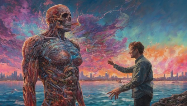 short hair,brown hair,shirt,long sleeves,1boy,standing,jacket,male focus,outdoors,multiple boys,sky,teeth,pants,cloud,2boys,water,looking at another,ocean,cloudy sky,building,scenery,smoke,science fiction,sunset,monster,cigarette,city,realistic,smoking,cityscape,giant,alien,black hair,collared shirt,muscular,black pants,skyline