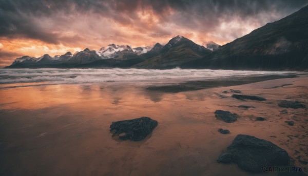 outdoors,sky,cloud,dutch angle,no humans,cloudy sky,scenery,smoke,sunset,rock,mountain,sand,landscape,desert,water,beach,snow,reflection,mountainous horizon,shore