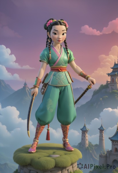 1girl,solo,long hair,looking at viewer,smile,black hair,hair ornament,holding,jewelry,standing,full body,weapon,braid,flower,short sleeves,boots,outdoors,sky,pants,sword,cloud,hair flower,hair bun,holding weapon,black eyes,twin braids,bracelet,lips,sash,makeup,chinese clothes,cloudy sky,grass,sheath,child,forehead,pouch,sheathed,mountain,female child,architecture,east asian architecture,castle,green pants,tower,pagoda,double bun,hair rings