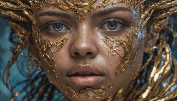 1girl,solo,looking at viewer,open mouth,brown hair,black hair,brown eyes,parted lips,teeth,blurry,lips,eyelashes,depth of field,blurry background,portrait,close-up,freckles,realistic,nose,gold,shiny