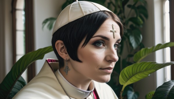 1girl,solo,looking at viewer,short hair,blue eyes,black hair,hat,jewelry,earrings,parted lips,indoors,necklace,blurry,lips,blurry background,leaf,white headwear,cross,plant,portrait,freckles,realistic,nurse cap,cross necklace,cross earrings,latin cross,black eyes,eyelashes,baseball cap,nose