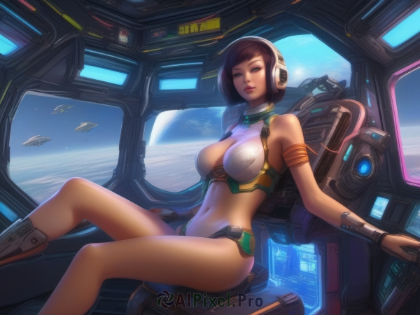 1girl,solo,breasts,looking at viewer,short hair,bangs,large breasts,brown hair,navel,cleavage,bare shoulders,sitting,green eyes,thighs,parted lips,midriff,lips,swept bangs,headphones,skin tight,armlet,headset,science fiction,cable,space,planet,earth (planet),spacecraft,cockpit,holographic interface,brown eyes,swimsuit,bikini,boots,sky,stomach,armor,window,headgear,ocean,bob cut,revealing clothes,realistic,nose