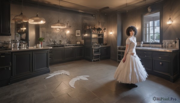 1girl,solo,looking at viewer,short hair,black hair,dress,brown eyes,standing,short sleeves,indoors,black footwear,white dress,black eyes,cup,window,chair,table,bottle,feathers,plant,scenery,desk,wooden floor,long dress,tiles,potted plant,lamp,kitchen,drawer,ceiling light,cabinet,vase,quill