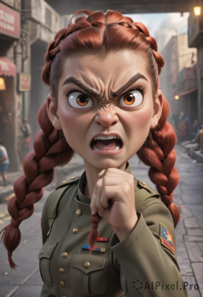 1girl,solo,long hair,breasts,looking at viewer,open mouth,brown hair,long sleeves,brown eyes,upper body,braid,outdoors,teeth,solo focus,day,tongue,blurry,uniform,twin braids,military,military uniform,buttons,depth of field,blurry background,fangs,ground vehicle,building,clenched hand,angry,motor vehicle,forehead,freckles,epaulettes,pocket,city,realistic,car,road,breast pocket,shouting,street,soldier,lips,genderswap,genderswap (mtf),badge