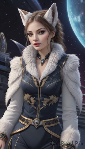 1girl,solo,long hair,breasts,looking at viewer,brown hair,long sleeves,animal ears,cleavage,brown eyes,jewelry,medium breasts,green eyes,braid,cowboy shot,earrings,parted lips,choker,belt,pants,cat ears,lips,fur trim,makeup,lipstick,gem,star (sky),nose,red lips,space,planet,earth (planet),gloves,artist name,signature,necklace,fox ears,fake animal ears,wolf ears,forehead,eyeshadow,realistic