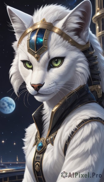 solo,looking at viewer,smile,jewelry,closed mouth,green eyes,upper body,sky,signature,no humans,night,animal,moon,cat,slit pupils,brooch,gem,star (sky),night sky,furry,starry sky,colored sclera,space,animal focus,white fur,planet,whiskers,earth (planet),animal ears,artist name,cat ears,from side,full moon,fantasy