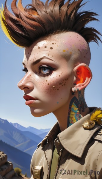 1girl,solo,short hair,blue eyes,blonde hair,brown hair,jewelry,jacket,upper body,earrings,outdoors,parted lips,sky,solo focus,day,tongue,tongue out,from side,blue sky,lips,eyelashes,tattoo,makeup,piercing,ear piercing,portrait,zipper,freckles,mountain,realistic,nose,stud earrings,very short hair,badge,mohawk,brown jacket,facepaint,undercut,neck tattoo