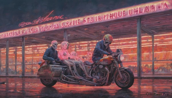 1girl,long hair,short hair,open mouth,gloves,long sleeves,1boy,sitting,jacket,pink hair,outdoors,multiple boys,pants,hood,2boys,english text,mask,traditional media,sunglasses,blue jacket,ground vehicle,motor vehicle,road,bald,motorcycle,on motorcycle,blonde hair,male focus,shoes,shorts,denim,sneakers,reflection,jeans,riding,skeleton,denim jacket