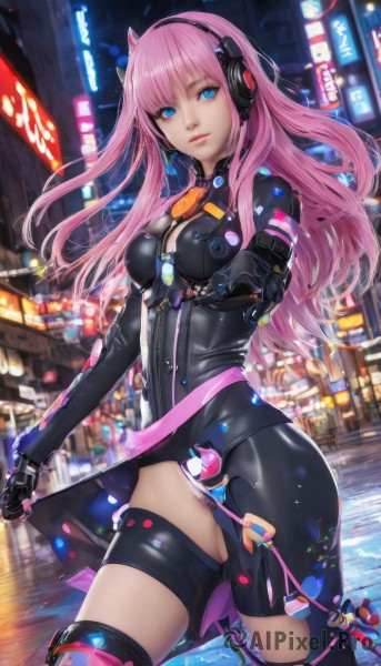 1girl,solo,long hair,breasts,looking at viewer,bangs,blue eyes,thighhighs,gloves,medium breasts,standing,pink hair,cowboy shot,outdoors,black gloves,lips,bodysuit,night,headphones,zipper,headset,city,smile,closed mouth,hairband,shiny,blurry,pubic hair,clothing cutout,dutch angle,depth of field,female pubic hair,outstretched arm,building,skin tight,science fiction,contrapposto,shiny clothes,black bodysuit,cityscape,cable,latex,street,city lights,cyberpunk,neon lights