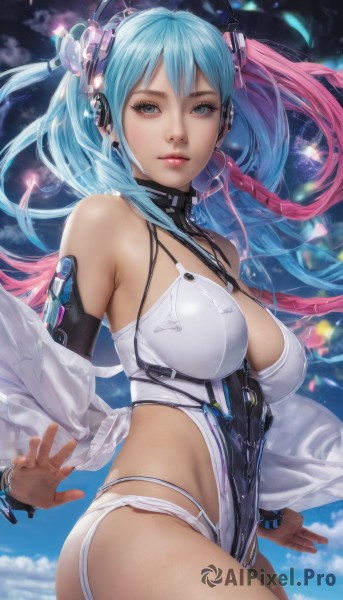 1girl,solo,long hair,breasts,looking at viewer,bangs,blue eyes,large breasts,cleavage,bare shoulders,twintails,jewelry,blue hair,pink hair,braid,thighs,multicolored hair,cowboy shot,parted lips,detached sleeves,sky,artist name,cloud,signature,two-tone hair,leotard,lips,see-through,aqua hair,gradient hair,floating hair,headgear,headphones,highleg,between breasts,realistic,nose,white leotard,medium breasts,underwear,earrings,shiny,grey eyes,science fiction