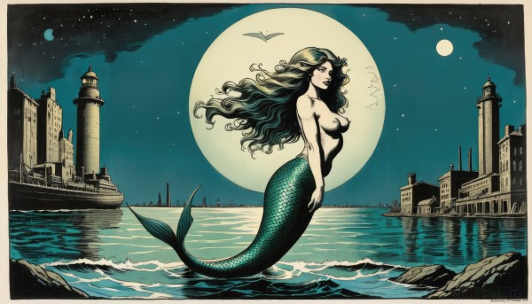 1girl,solo,long hair,breasts,looking at viewer,blush,smile,medium breasts,full body,nude,outdoors,parted lips,green hair,sky,artist name,cloud,water,from side,completely nude,night,floating hair,ocean,watermark,moon,monster girl,building,star (sky),night sky,full moon,starry sky,pasties,scales,watercraft,mermaid,head fins,shell,castle,tower,boat,lighthouse,black hair,nipples,wavy hair,topless,border,rock,city,limited palette