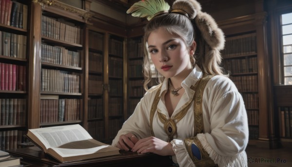 1girl,solo,long hair,looking at viewer,brown hair,shirt,hair ornament,long sleeves,brown eyes,jewelry,sitting,closed mouth,white shirt,upper body,ponytail,earrings,indoors,necklace,lips,book,window,table,feathers,open book,realistic,nose,bookshelf,feather hair ornament,hair pulled back,book stack,library,quill,smile,parted lips,day,collared shirt,bag,grey eyes,fur trim,sunlight,high ponytail,frilled sleeves,gem,pendant,fringe trim