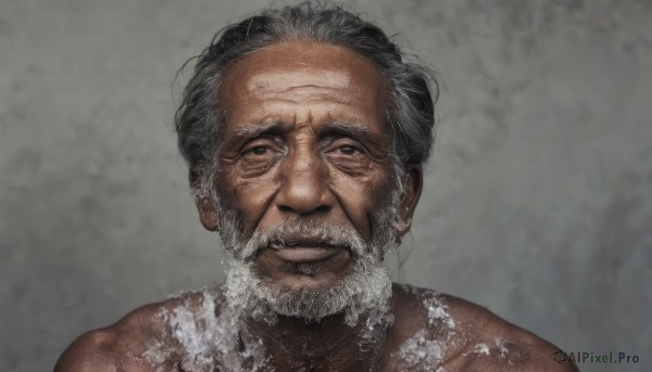 solo,looking at viewer,smile,simple background,1boy,closed mouth,upper body,grey hair,male focus,parted lips,grey background,facial hair,portrait,beard,realistic,mustache,manly,old,old man,wrinkled skin,nude,grin,black eyes,lips,grey eyes,scar