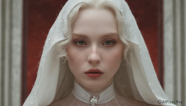 1girl,solo,looking at viewer,blonde hair,green eyes,parted lips,choker,blurry,lips,grey eyes,eyelashes,makeup,blurry background,portrait,veil,forehead,realistic,red lips,nun,straight-on,artist name,expressionless,cross,red background,close-up,nose,white choker