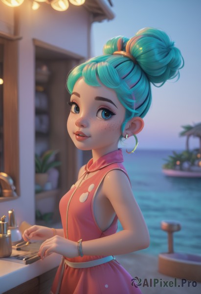 1girl,solo,breasts,looking at viewer,smile,short hair,bangs,blue eyes,hair ornament,dress,bare shoulders,jewelry,blue hair,multicolored hair,earrings,small breasts,outdoors,parted lips,green hair,sky,teeth,sleeveless,day,hairclip,artist name,indoors,water,necklace,hair bun,blurry,bracelet,from side,aqua eyes,lips,fingernails,bare arms,eyelashes,aqua hair,makeup,alternate hairstyle,night,sleeveless dress,depth of field,blurry background,ocean,red dress,table,single hair bun,thick eyebrows,plant,pink dress,freckles,hoop earrings,nose,bangle,potted plant,lamp,kitchen,upper body,nail polish