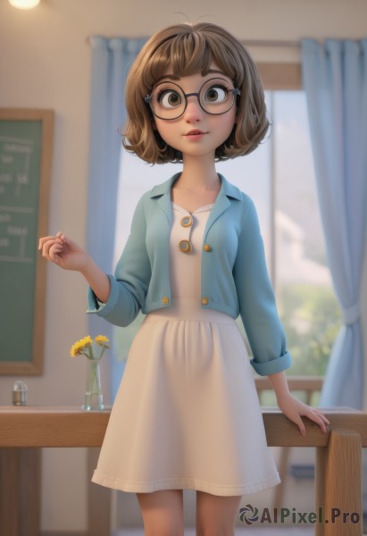 1girl,solo,looking at viewer,smile,short hair,bangs,brown hair,dress,brown eyes,standing,collarbone,jacket,flower,parted lips,glasses,day,indoors,white dress,blurry,lips,window,blurry background,table,bob cut,cardigan,curtains,blue jacket,black-framed eyewear,round eyewear,chalkboard,vase,breasts,long sleeves,nail polish,denim jacket