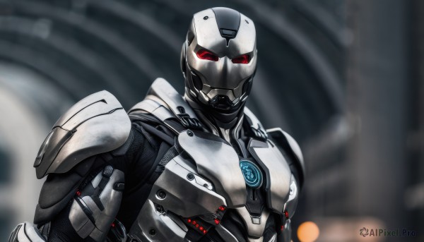 solo,looking at viewer,red eyes,1boy,upper body,male focus,armor,blurry,no humans,blurry background,helmet,robot,mecha,science fiction,cyborg,alien,power armor,humanoid robot,mask,glowing,realistic,power suit