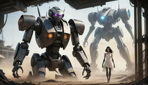 HQ,1girl,long hair,black hair,dress,standing,purple eyes,signature,white dress,glowing,robot,mecha,glowing eyes,walking,science fiction,realistic,cable,glowing eye,one-eyed,dirty,damaged,prosthesis,open hands,desert,mechanical legs,dust,looking at viewer,sleeveless,claws,size difference