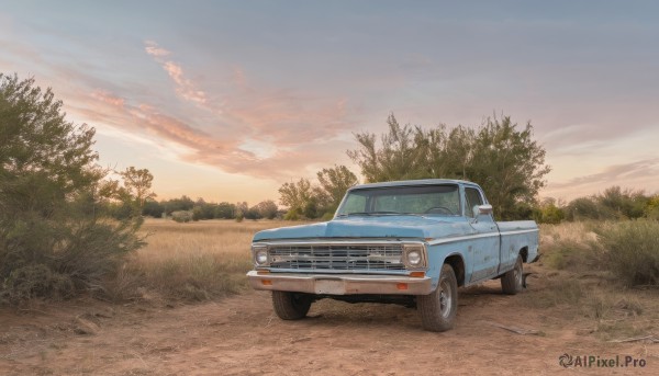 outdoors,sky,cloud,tree,no humans,cloudy sky,grass,ground vehicle,nature,scenery,motor vehicle,forest,sunset,car,road,bush,vehicle focus,evening,wheel,orange sky