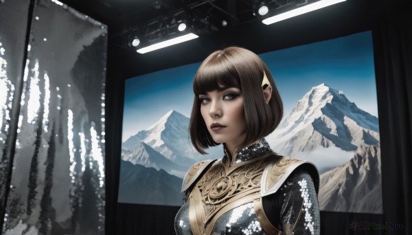 1girl,solo,looking at viewer,short hair,bangs,brown hair,brown eyes,upper body,parted lips,indoors,blunt bangs,armor,lips,bodysuit,makeup,bob cut,snow,science fiction,breastplate,mountain,nose,hair ornament,shoulder armor