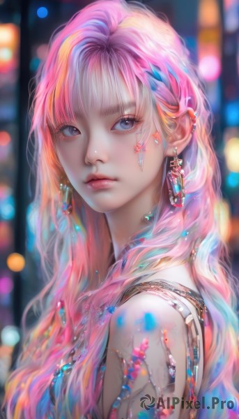 1girl,solo,long hair,looking at viewer,bangs,blue eyes,jewelry,closed mouth,upper body,pink hair,multicolored hair,earrings,blurry,from side,lips,eyelashes,makeup,depth of field,blurry background,piercing,gem,realistic,nose,bokeh,bare shoulders,artist name,necklace,streaked hair,looking to the side,watermark,wavy hair,expressionless,ear piercing,portrait