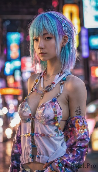 1girl,solo,breasts,looking at viewer,short hair,bangs,blue eyes,cleavage,bare shoulders,jewelry,medium breasts,closed mouth,underwear,blue hair,jacket,upper body,braid,multicolored hair,earrings,outdoors,belt,medium hair,necklace,bag,nail polish,bra,blurry,bracelet,lips,see-through,tattoo,depth of field,blurry background,piercing,ring,lingerie,ear piercing,handbag,realistic,nose,arm tattoo,bokeh,navel,collarbone,small breasts,detached sleeves,midriff,signature,black eyes