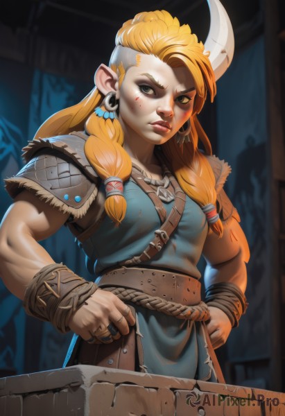 1girl,solo,long hair,breasts,looking at viewer,blonde hair,hair ornament,jewelry,braid,earrings,small breasts,horns,belt,necklace,orange hair,armor,blurry,bracelet,lips,grey eyes,blood,makeup,muscular,scar,facial mark,hair tubes,ring,lipstick,shoulder armor,hair over shoulder,pauldrons,hands on hips,serious,nose,muscular female,red lips,horn ornament,bracer,facepaint,leather,shoulder pads,biceps,tribal,green eyes,pointy ears,eyeshadow,eyeliner,dirty,tunic