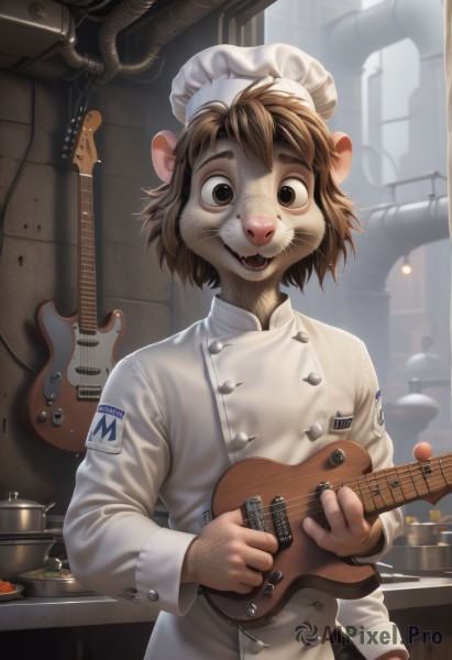 solo,looking at viewer,smile,short hair,open mouth,brown hair,long sleeves,1boy,hat,bow,holding,animal ears,brown eyes,upper body,male focus,teeth,indoors,cup,buttons,white headwear,instrument,furry,furry female,music,guitar,furry male,playing instrument,holding instrument,electric guitar,whiskers,chef hat,plectrum,buck teeth,chef,food,apron,maid,maid headdress,fangs