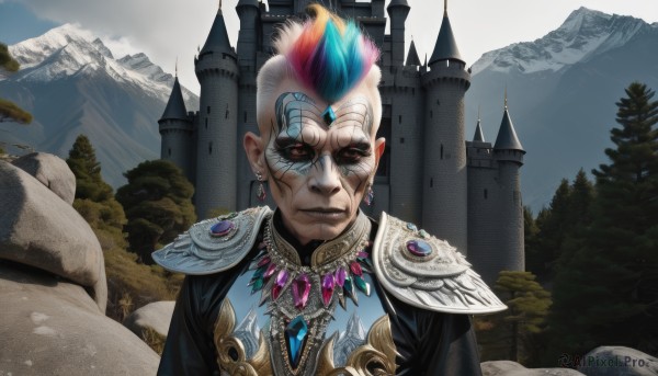 solo,looking at viewer,red eyes,1boy,jewelry,blue hair,upper body,white hair,male focus,multicolored hair,earrings,outdoors,sky,day,necklace,armor,two-tone hair,tree,facial mark,feathers,shoulder armor,gem,nature,colored sclera,mountain,bald,castle,1girl,short hair,closed mouth,pink hair,red hair,teeth,artist name,cloud,glowing,cloudy sky,portrait,scenery,rock,facepaint,facial tattoo,rainbow hair