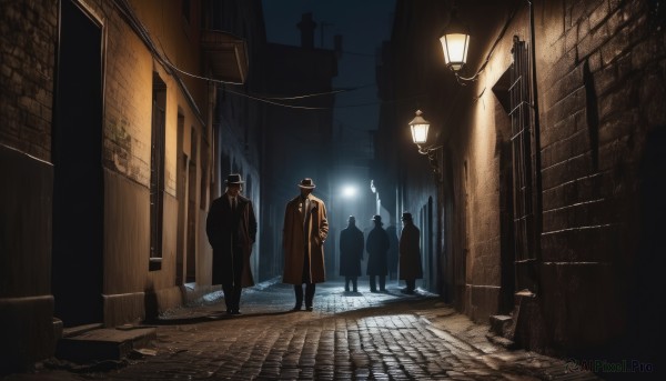 hat,outdoors,multiple boys,coat,black headwear,night,building,scenery,city,silhouette,road,dark,multiple others,lamppost,street,fedora,trench coat,alley,people,6+others,necktie,formal,suit,top hat,lamp