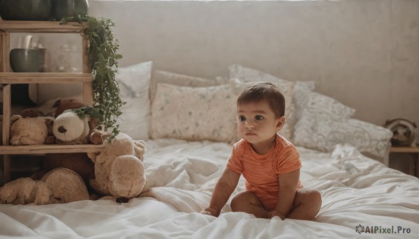 solo,blue eyes,brown hair,shirt,black hair,1boy,sitting,short sleeves,male focus,striped,indoors,pillow,bed,on bed,stuffed toy,stuffed animal,plant,child,teddy bear,striped shirt,realistic,potted plant,male child,bedroom,short hair,shorts,t-shirt