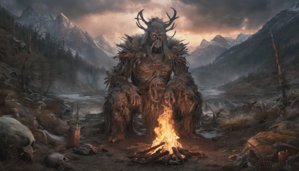 solo,long hair,open mouth,red eyes,1boy,sitting,weapon,male focus,outdoors,horns,sky,sword,cloud,armor,tree,glowing,cloudy sky,fire,nature,scenery,glowing eyes,forest,skull,rock,mountain,antlers,giant,skeleton,planted,bone,planted sword,corpse,burning,campfire,looking at viewer,white hair,fingernails,shoulder armor,spikes,pauldrons,molten rock