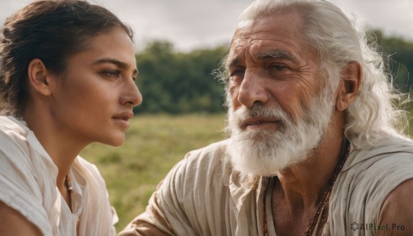 brown hair,shirt,black hair,jewelry,white shirt,upper body,white hair,male focus,outdoors,multiple boys,dark skin,2boys,necklace,blurry,looking at another,lips,blurry background,facial hair,scar,aged down,child,beard,eye contact,curly hair,realistic,nose,mustache,manly,old,old man,long hair,brown eyes,closed mouth,earrings,parted lips,sky,day,grey eyes