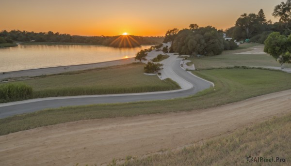 outdoors,sky,tree,no humans,grass,ground vehicle,nature,scenery,forest,sunset,mountain,sun,road,bush,river,evening,landscape,orange sky,path,cloud,water