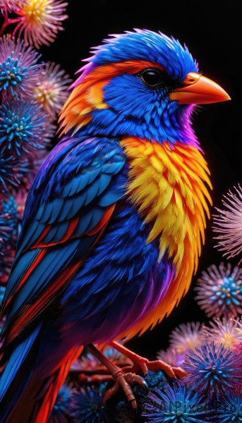 solo,standing,flower,blurry,black eyes,pokemon (creature),no humans,night,bird,animal,animal focus,fireworks,beak,aerial fireworks,parrot,closed mouth,outdoors,sky,feathers,black background,night sky,talons,blue feathers