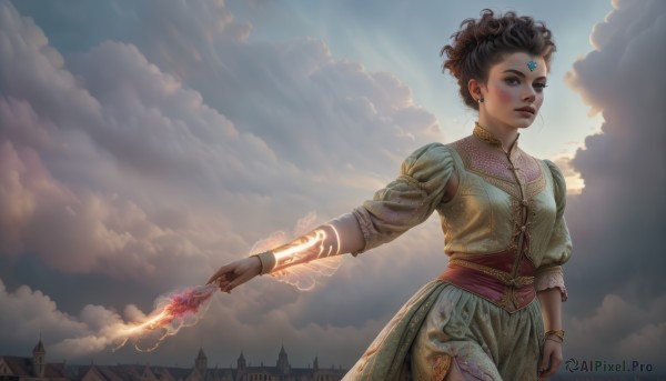 1girl,solo,breasts,short hair,simple background,brown hair,black hair,dress,holding,brown eyes,jewelry,cowboy shot,earrings,outdoors,sky,puffy sleeves,cloud,dark skin,bracelet,dark-skinned female,lips,sash,cloudy sky,scenery,realistic,fantasy,magic,looking at viewer,facial mark,curly hair,wand,forehead jewel