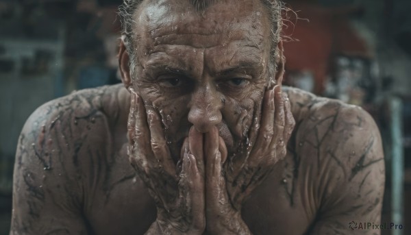 solo,looking at viewer,1boy,upper body,male focus,blurry,black eyes,wet,blurry background,veins,realistic,hands on own face,dirty,horror (theme),short hair,closed mouth,grey hair,nude,hands up,muscular,own hands together,portrait,very short hair