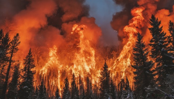 outdoors,sky,cloud,tree,no humans,night,cloudy sky,fire,star (sky),nature,night sky,scenery,snow,forest,smoke,bare tree,orange theme,pine tree,signature,starry sky,mountain,red sky