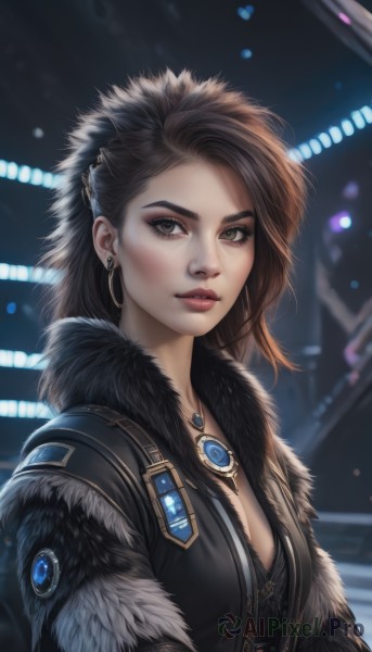 1girl,solo,long hair,breasts,looking at viewer,brown hair,hair ornament,cleavage,brown eyes,jewelry,medium breasts,jacket,upper body,earrings,parted lips,artist name,medium hair,necklace,blurry,lips,fur trim,eyelashes,makeup,blurry background,eyeshadow,hoop earrings,realistic,nose,eyeliner,small breasts,pendant