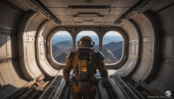 solo,gloves,1boy,standing,male focus,black gloves,artist name,indoors,from behind,watermark,helmet,scenery,web address,1other,science fiction,mountain,facing away,pilot suit,ambiguous gender,spacecraft,spacesuit,cockpit,pilot,astronaut,cowboy shot,sky,day,cloud,armor,english text,blue sky,window,backpack,logo