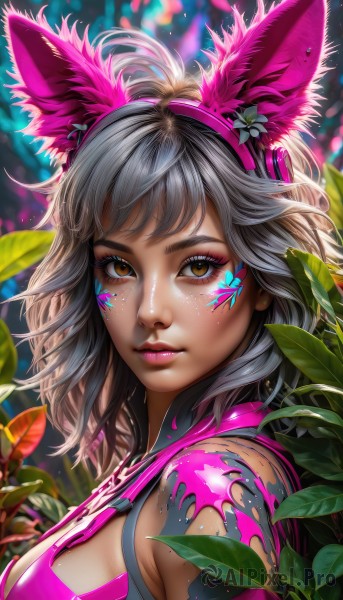 1girl,solo,breasts,looking at viewer,smile,short hair,bangs,hair ornament,animal ears,brown eyes,medium breasts,closed mouth,upper body,flower,grey hair,hairband,shiny,artist name,medium hair,rabbit ears,blurry,from side,lips,eyelashes,sideboob,makeup,blurry background,fake animal ears,leaf,watermark,facial mark,plant,lipstick,portrait,eyeshadow,freckles,pink lips,realistic,nose,facepaint,mascara,shirt,cleavage,bare shoulders,sleeveless,hood,sleeveless shirt,depth of field,headphones,messy hair,web address,eyeliner,dirty