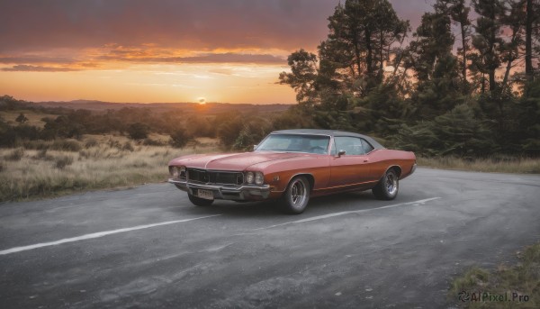 A motor vehicle in the heart of a peaceful sunset outdoors