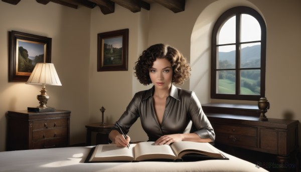 1girl,solo,breasts,looking at viewer,smile,short hair,brown hair,shirt,cleavage,brown eyes,medium breasts,sitting,closed mouth,collarbone,upper body,day,collared shirt,indoors,lips,book,window,dress shirt,shadow,table,sunlight,light smile,curtains,grey shirt,desk,sleeves rolled up,curly hair,open book,realistic,nose,pen,lamp,photo (object),quill,open window,desk lamp,black hair,holding,tree,makeup,painting (object),afro