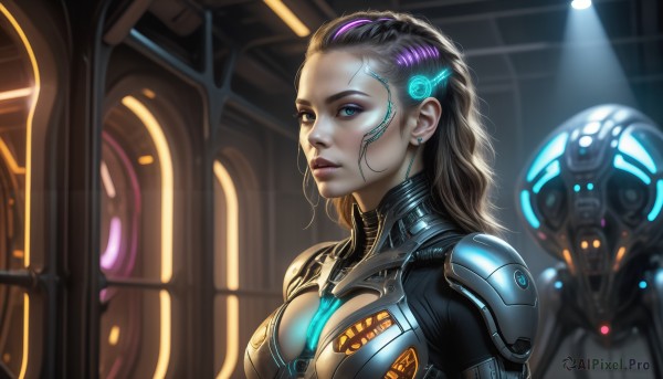 HQ,1girl,solo,long hair,breasts,looking at viewer,blue eyes,brown hair,black hair,cleavage,jewelry,medium breasts,upper body,purple hair,multicolored hair,earrings,solo focus,armor,blurry,lips,bodysuit,makeup,glowing,cleavage cutout,robot,lipstick,eyeshadow,science fiction,realistic,nose,stud earrings,eyeliner,cyborg,neon trim,cyberpunk,cable,alien