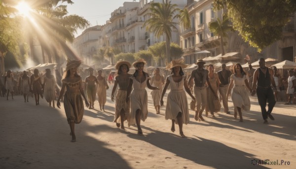 long hair,smile,short hair,multiple girls,skirt,shirt,black hair,hat,dress,outdoors,multiple boys,sleeveless,day,dark skin,white dress,tree,shadow,holding hands,6+girls,sunlight,building,walking,6+boys,sun hat,palm tree,straw hat,road,street,crowd,people,boots,scenery,city