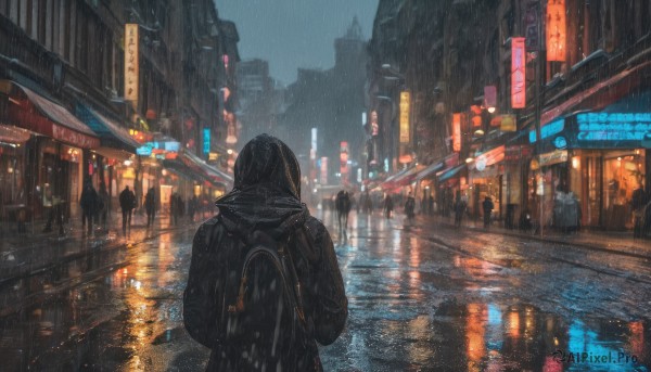 1girl, outdoors, sky, hood, bag, from behind, night, umbrella, backpack, building, scenery, reflection, rain, city, sign, road, cityscape, street, puddle, neon lights, crosswalk, vanishing point