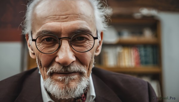 solo,looking at viewer,shirt,1boy,closed mouth,jacket,white shirt,upper body,white hair,grey hair,male focus,necktie,glasses,collared shirt,indoors,blurry,black eyes,book,depth of field,blurry background,facial hair,formal,suit,portrait,beard,black-framed eyewear,realistic,round eyewear,mustache,bookshelf,old,old man,wrinkled skin,lips,messy hair,brown jacket